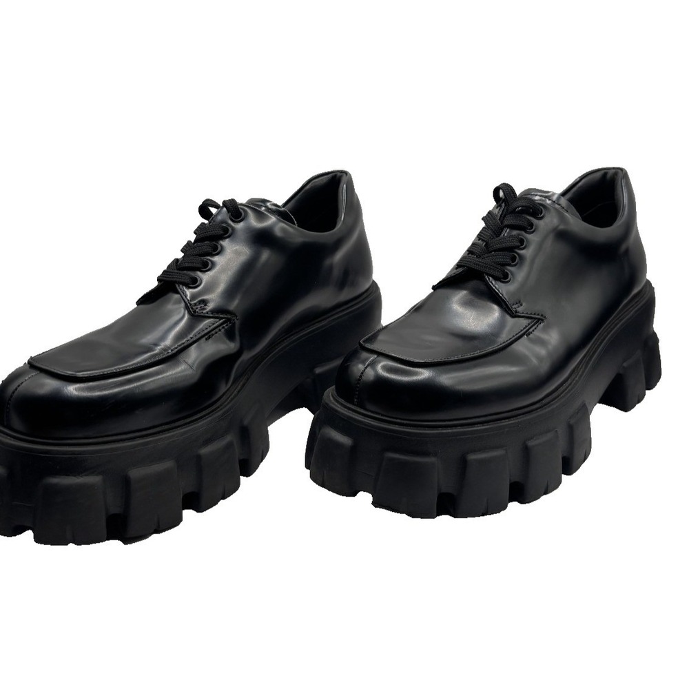 PRADA Monolith Brushed Leather Lace-Up Shoes Black Chunky Platform Derby 38